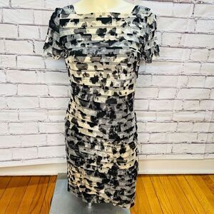 Adrianna Papell Womens Black Gray Cheetah Mesh Shutter Pleated Dress Size 4